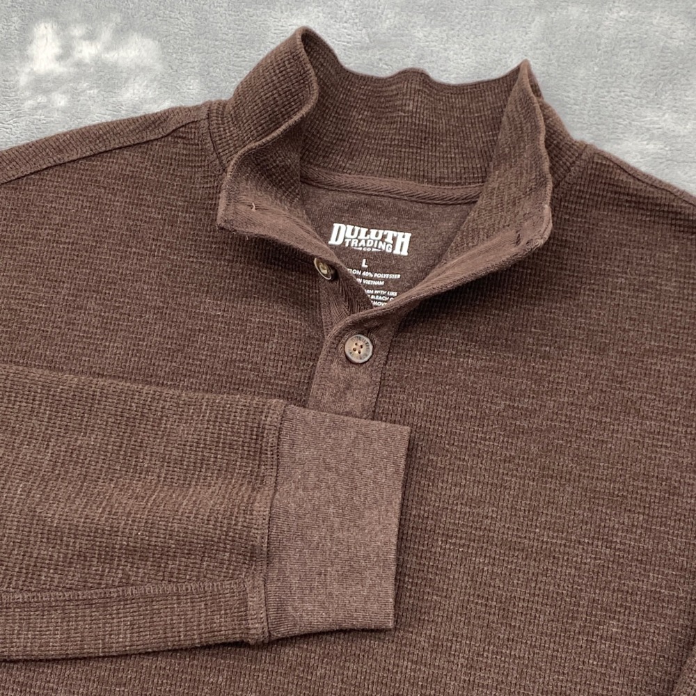 Duluth Trading Co Mens Large Brown Waffle Knit Henley Mock Neck Pullover